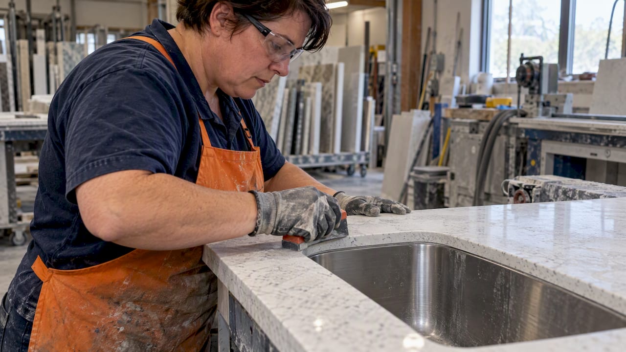 Fabricator finishing quartz around undermount sink