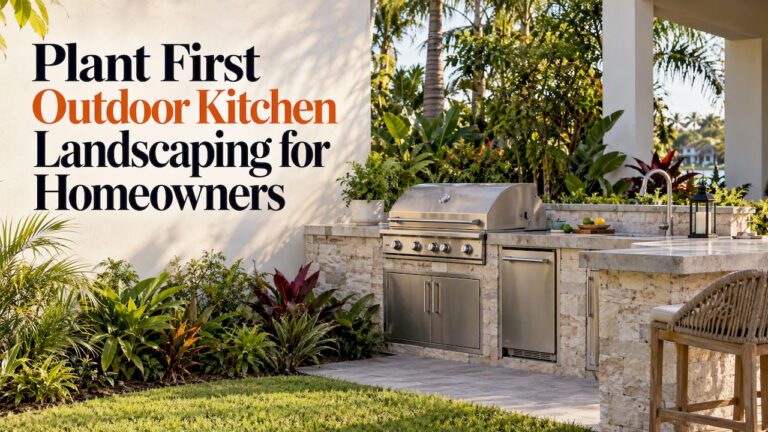 Outdoor kitchen integrated into lush garden planting