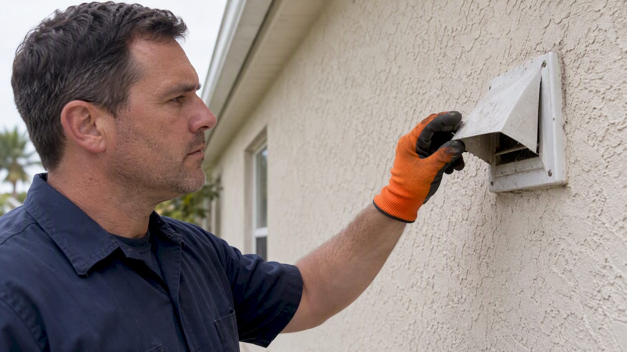 Technician checking bathroom exhaust vent flap