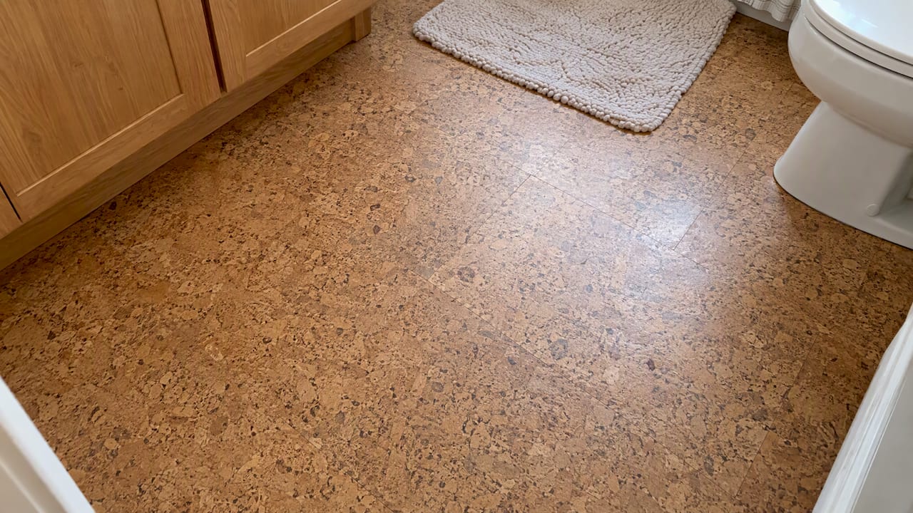 Sealed cork flooring in residential bathroom