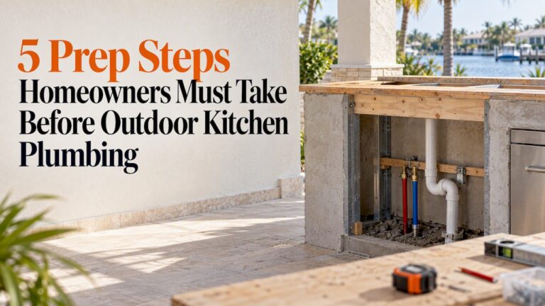 Outdoor kitchen plumbing rough-in beside stucco home