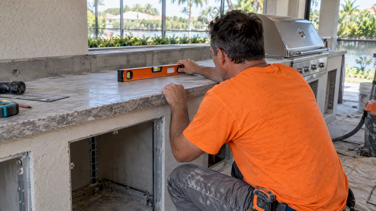 Installer checking outdoor kitchen slab level