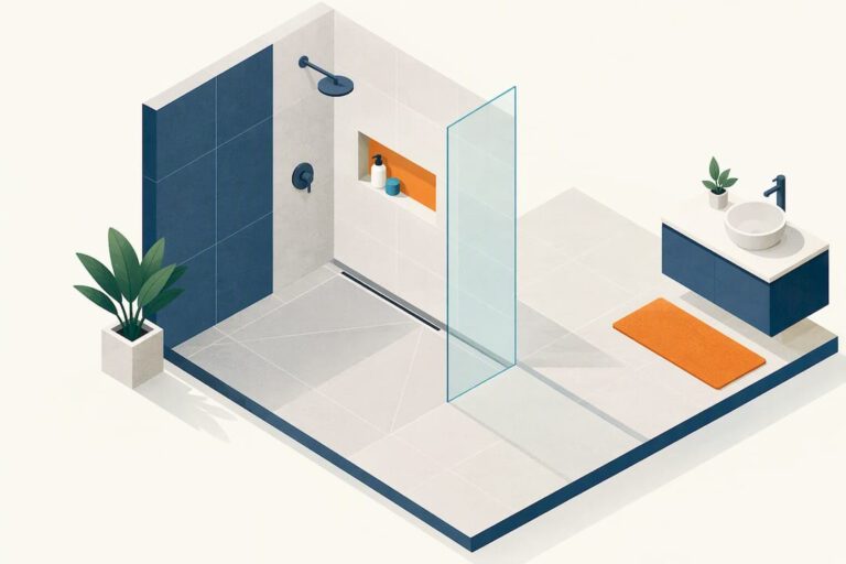 Isometric illustration of a level-entry shower floor