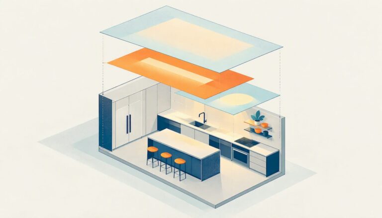 Three geometric planes represent kitchen lighting layers