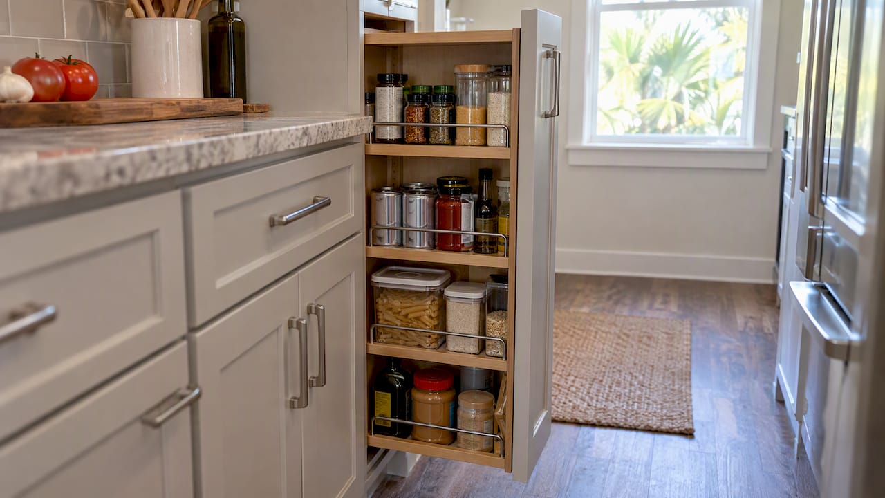 Narrow pull-out pantry beside kitchen cabinetry