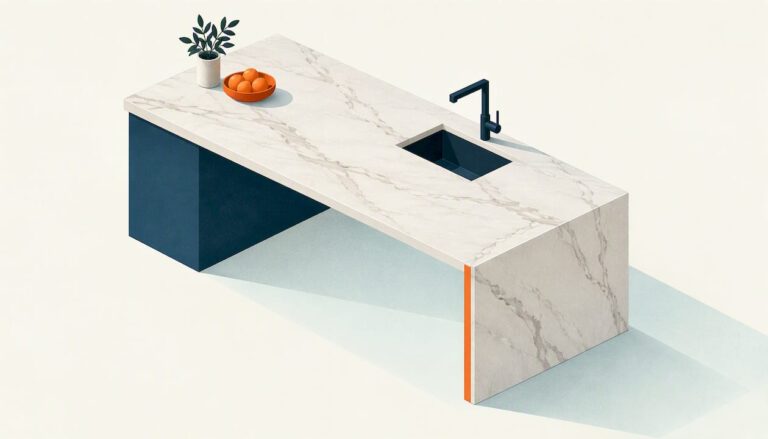 Isometric porcelain slab planes with a waterfall edge