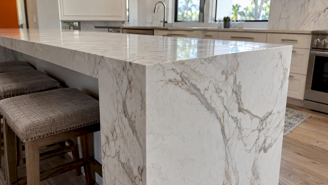 Porcelain slab continuing over a waterfall island edge
